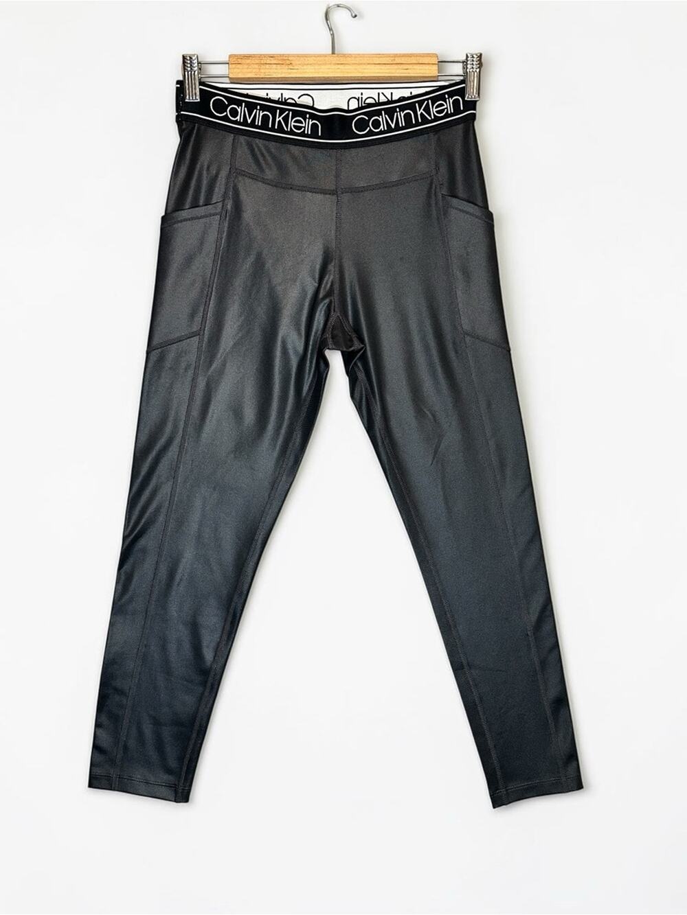 Calvin Klein Black Logo-Waist Faux Leather Leggings 7/8